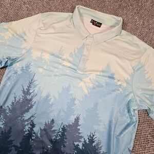 Yatta Golf Mens XXL Blue Forest Print Performance Polo Shirt Short Sleeve Scenic